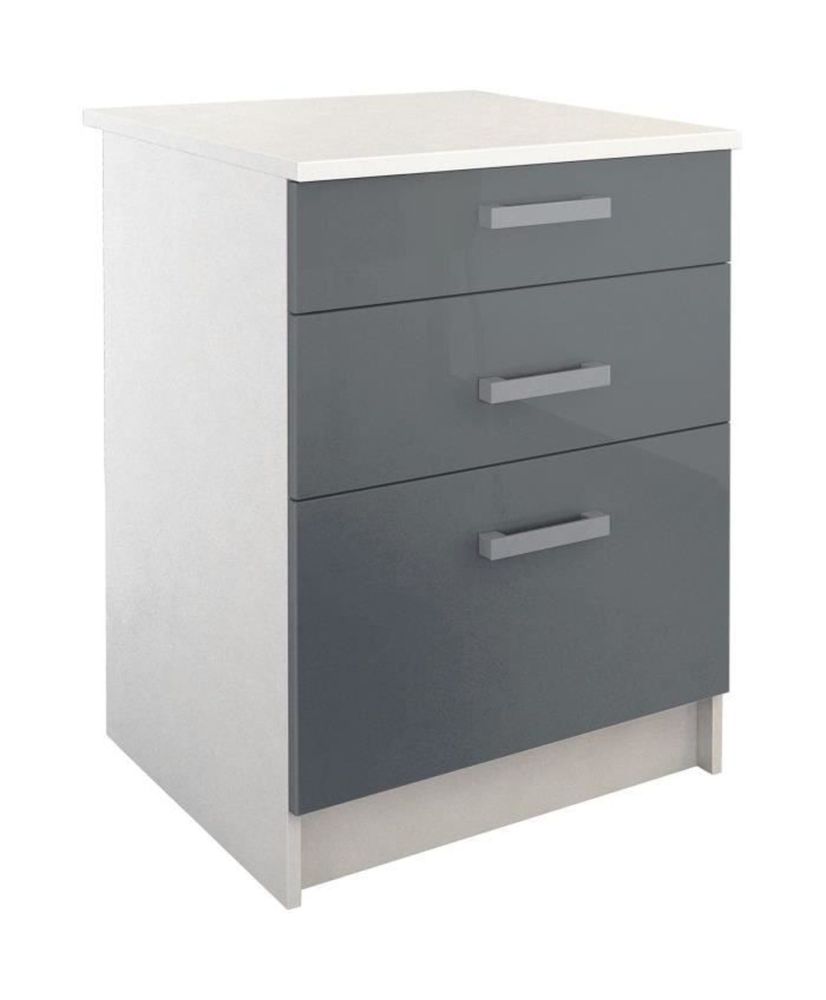 Meuble bas de cuisine 3 tiroirs - 60 x Mélaminé blanc - Façade polymere gris - BERLIOZ Meuble bas de cuisine 3 tiroirs - 60 x Mélaminé blanc - Façade polymere gris - BERLIOZ