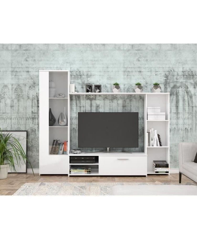 TV-Schrankwandteilchen aus Melamin – mattweiß – Glastür + 1 Klappe + 5 Nischen – 220 x 41 x 177,5 cm TV-Schrankwandteilchen aus Melamin – mattweiß – Glastür + 1 Klappe + 5 Nischen – 220 x 41 x 177,5 cm