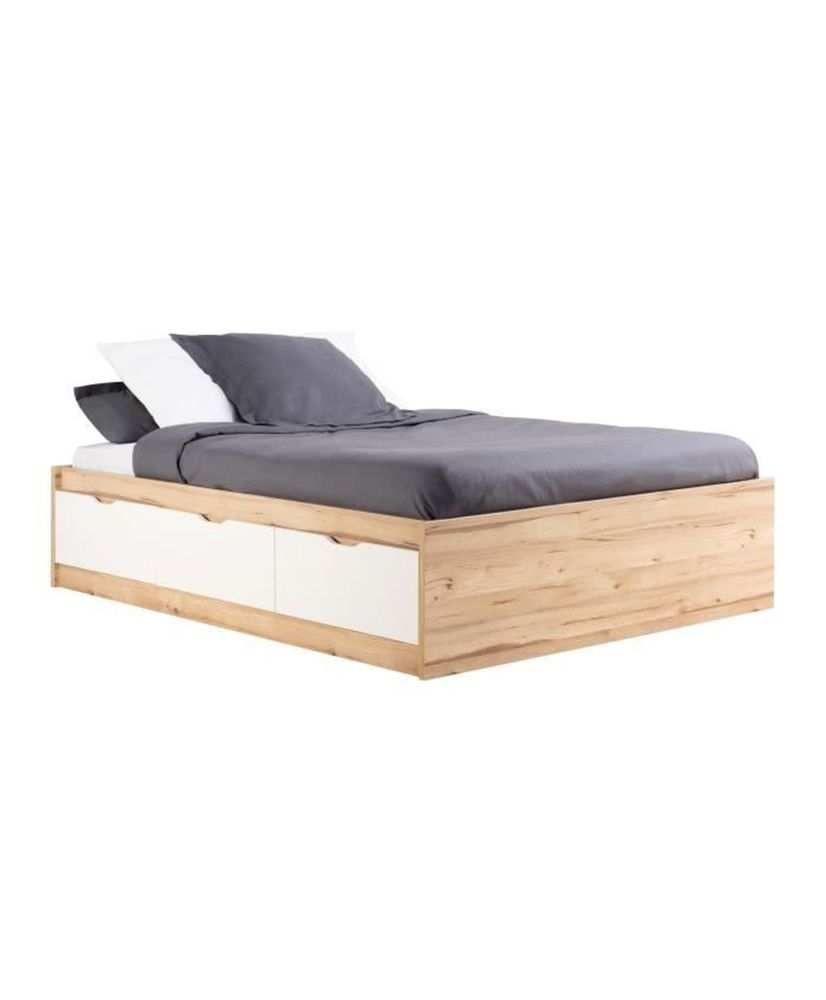 Skandinavisches Bett für Erwachsene mit 3 Schubladen aus Eiche und mattweiß – 140 x 190 cm VANKKA Skandinavisches Bett für Erwachsene mit 3 Schubladen aus Eiche und mattweiß – 140 x 190 cm VANKKA