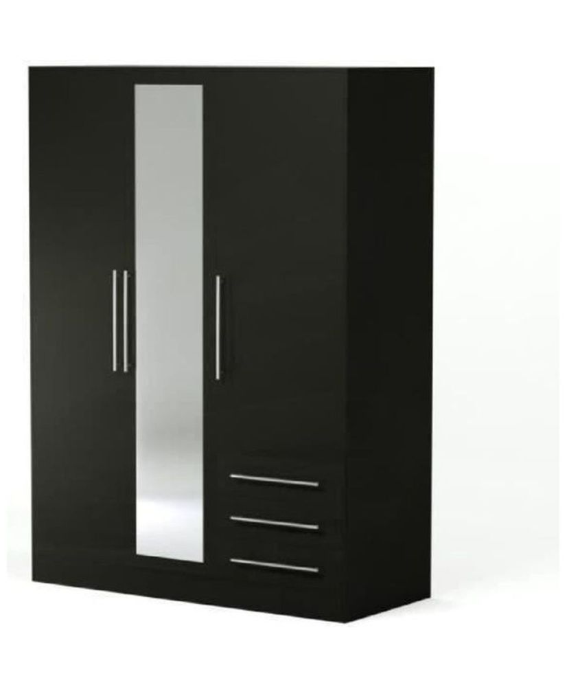 Armoire 3 portes battantes avec miroir + 3 tiroirs - Bois aggloméré - Noir - 144,6 x 60 x 200 cm Armoire 3 portes battantes avec miroir + 3 tiroirs - Bois aggloméré - Noir - 144,6 x 60 x 200 cm