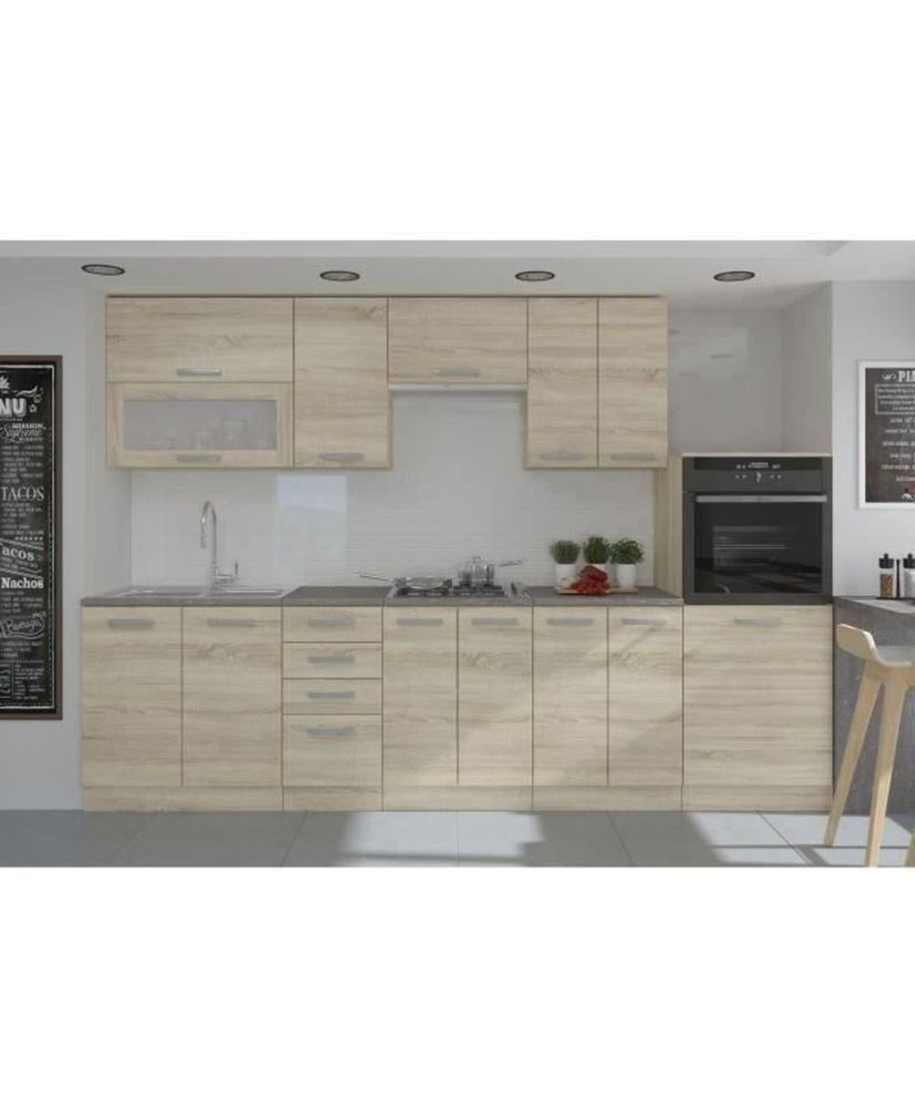 LASSEN Cuisine complete 300 cm avec demi-colonne four et hotte - chêne sonoma LASSEN Cuisine complete 300 cm avec demi-colonne four et hotte - chêne sonoma