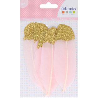6 pale pink feathers with golden glitter