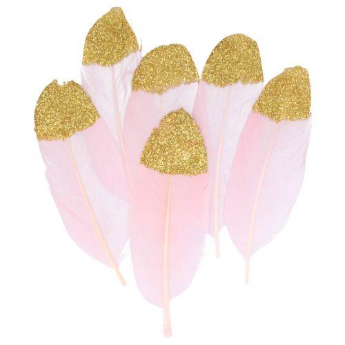 6 pale pink feathers with golden glitter