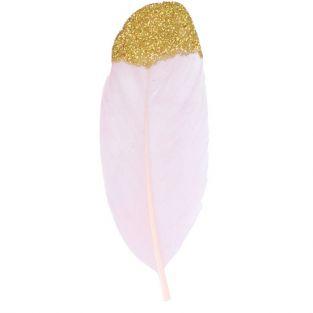 6 pale pink feathers with golden glitter