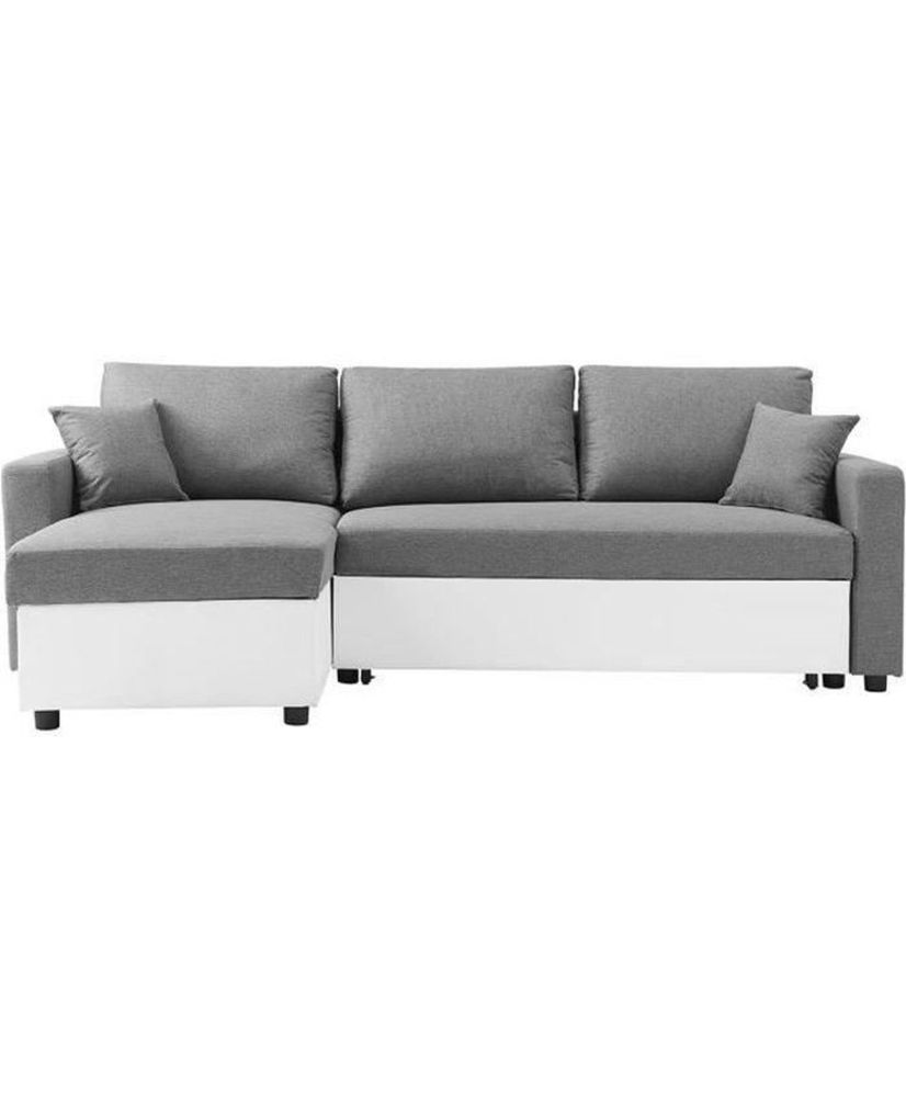 Umkehrbares, umwandelbares Ecksofa mit großem Bett + Staufach – Stoff in Weiß und Grau – 228 x 148 x 86 cm – OWENS Umkehrbares, umwandelbares Ecksofa mit großem Bett + Staufach – Stoff in Weiß und Grau – 228 x 148 x 86 cm – OWENS