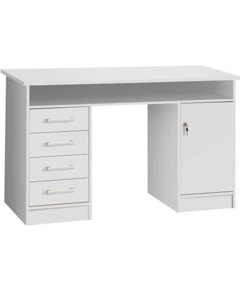 Bureau droit à clés avec 1 porte et 4 tiroirs - papier blanc - 126 x 55 x 76 cm - ALICANTE Bureau droit à clés avec 1 porte et 4 tiroirs - papier blanc - 126 x 55 x 76 cm - ALICANTE