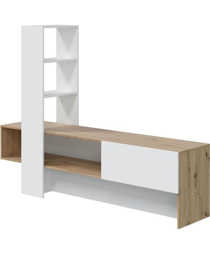 LISS TV-Schrank – Melamin in Weiß und Eiche – 1 Klapptür + 1 Regal – 178 x 43 x 136 cm LISS TV-Schrank – Melamin in Weiß und Eiche – 1 Klapptür + 1 Regal – 178 x 43 x 136 cm