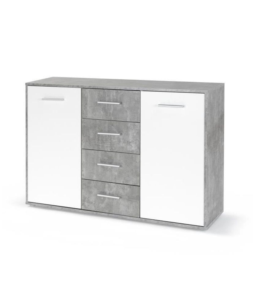 Niedriges Sideboard mit 2 Türen und 4 Schubladen – Weiß und heller Beton – 122,6 x 34,2 x 81,1 cm Niedriges Sideboard mit 2 Türen und 4 Schubladen – Weiß und heller Beton – 122,6 x 34,2 x 81,1 cm