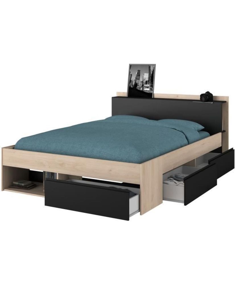 COMBO cama para adultos 160 x 200 cm - roble y negro - 3 cajones COMBO cama para adultos 160 x 200 cm - roble y negro - 3 cajones