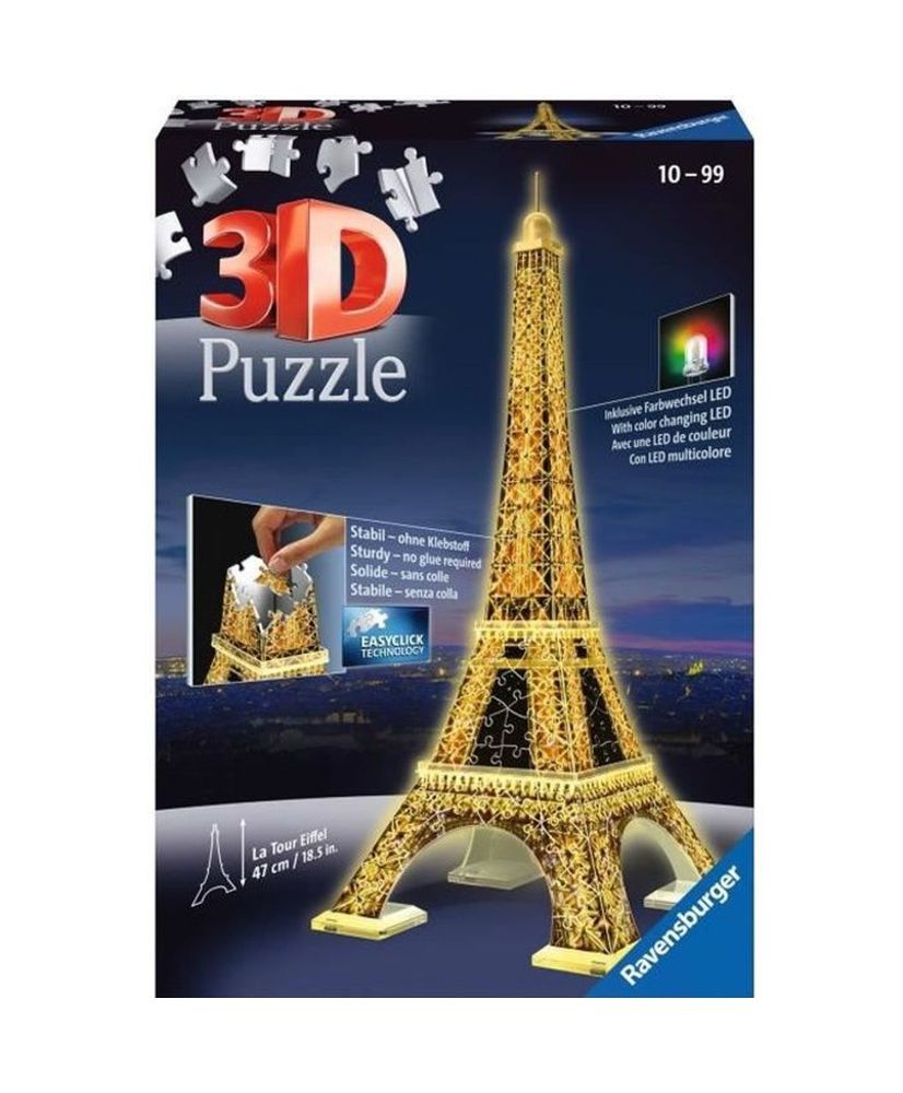 Puzzle 3D Tour Eiffel illuminée - Ravensburger - 216 pièces - sans colle - avec LEDS couleur Puzzle 3D Tour Eiffel illuminée - Ravensburger - 216 pièces - sans colle - avec LEDS couleur