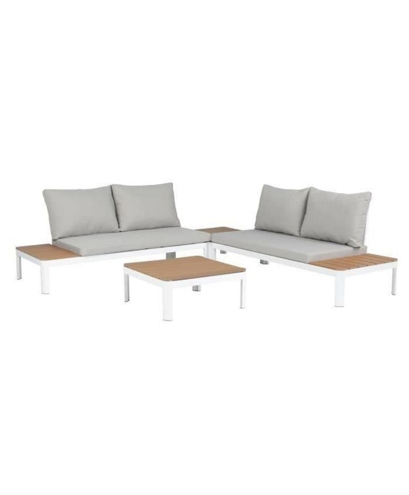 Salon de jardin modulable, en aluminium couleur blanc et polywood - 4 personnes avec coussins gris - SANTANA Salon de jardin modulable, en aluminium couleur blanc et polywood - 4 personnes avec coussins gris - SANTANA