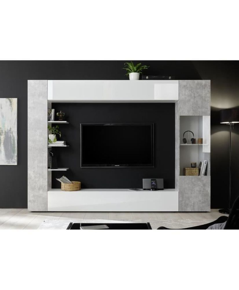 Composición de pared TV SIENNA - Lacado blanco y hormigón - 295 x 30 x 187 cm Composición de pared TV SIENNA - Lacado blanco y hormigón - 295 x 30 x 187 cm