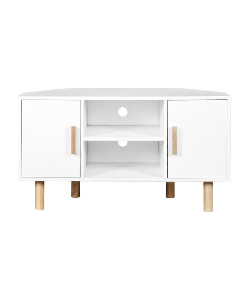 Eck-TV-Möbel LILA – 2 Türen – weißes Melamin – Beine aus Massivholz – 90 x 35 x 55 cm Eck-TV-Möbel LILA – 2 Türen – weißes Melamin – Beine aus Massivholz – 90 x 35 x 55 cm