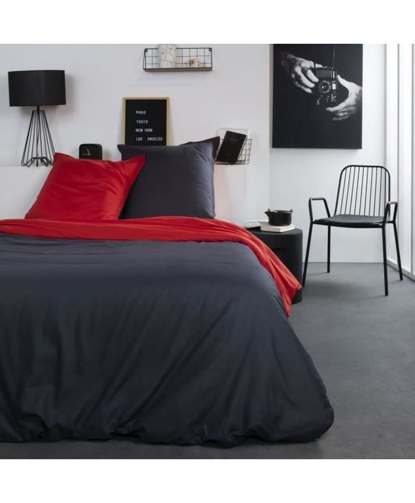 Juego de cama de algodón 240 x 260 cm - Bicolor Gris y Rojo Alix Juego de cama de algodón 240 x 260 cm - Bicolor Gris y Rojo Alix
