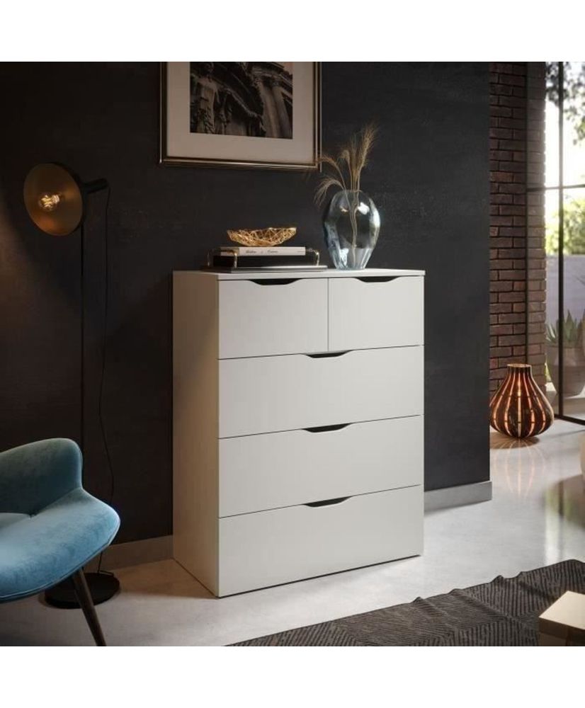 Cómoda BASIX - 5 cajones - Blanco mate - 80 x 40 x 101 cm Cómoda BASIX - 5 cajones - Blanco mate - 80 x 40 x 101 cm