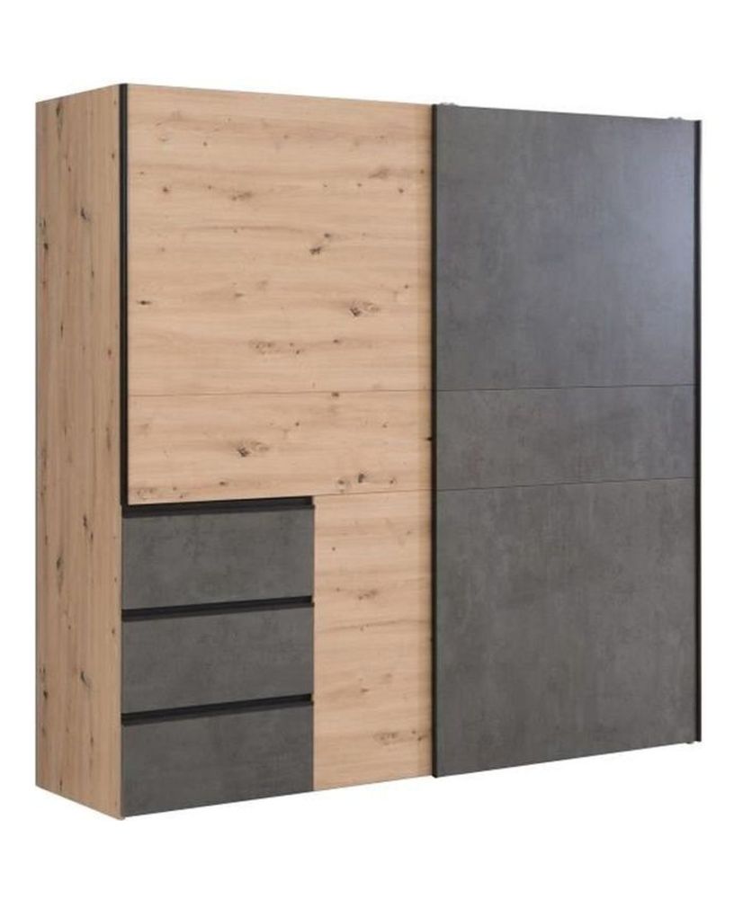Armadio con 2 ante scorrevoli e 3 cassetti - rovere artigianale e cemento grigio - 200,1 x 61,2 x 200,5 cm Armadio con 2 ante scorrevoli e 3 cassetti - rovere artigianale e cemento grigio - 200,1 x 61,2 x 200,5 cm