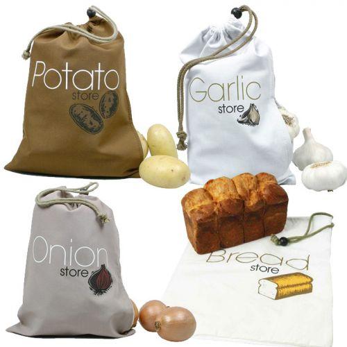 4 cloth food storage bags: garlic, onions, potatoes, bread