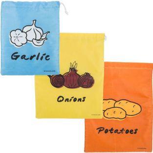 3 sacs de conservation alimentaires en tissu : ail, oignons, pommes de terre