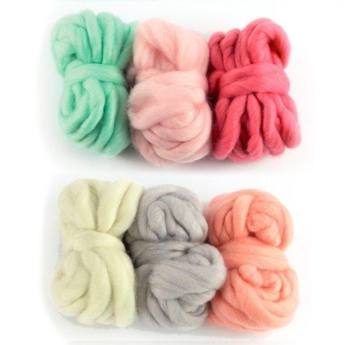6 bolas de lana 5 m - blanquecino, gris pálido, coral, rosa indio, rosa salpicada, menta