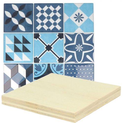 Pegatinas mosaico azulejos azules + placas de madera 8 x 8 cm