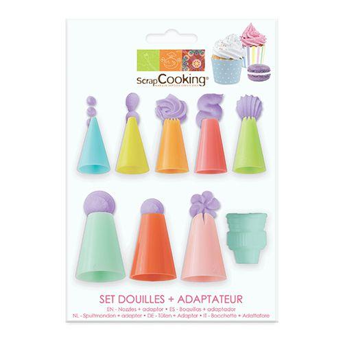 Set of 8 plastic pastry nozzles + adapter
