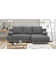 Canapé d'angle droit convertible MIKA 3 places - Tissu gris clair - Coffre de rangement - 218 x 98/145 x 84 cm