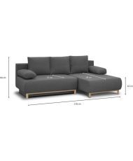 Canapé d'angle droit convertible MIKA 3 places - Tissu gris clair - Coffre de rangement - 218 x 98/145 x 84 cm