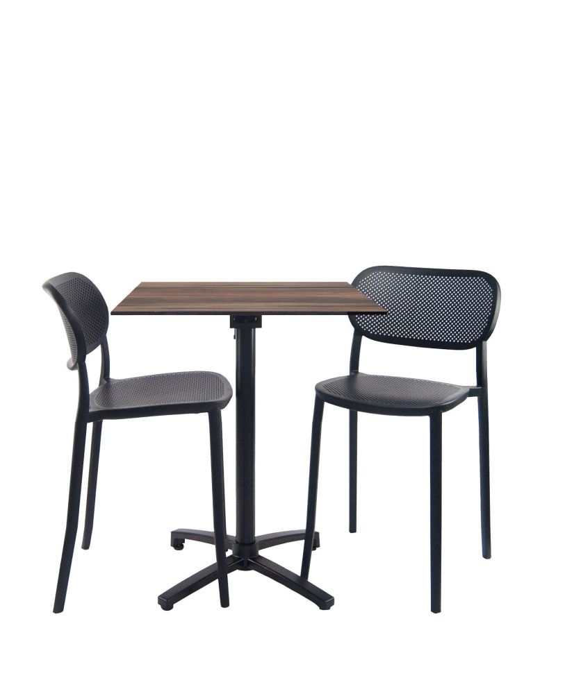 Foldable dark wood table, height 90 cm + 2 high chairs for terrace Foldable dark wood table, height 90 cm + 2 high chairs for terrace
