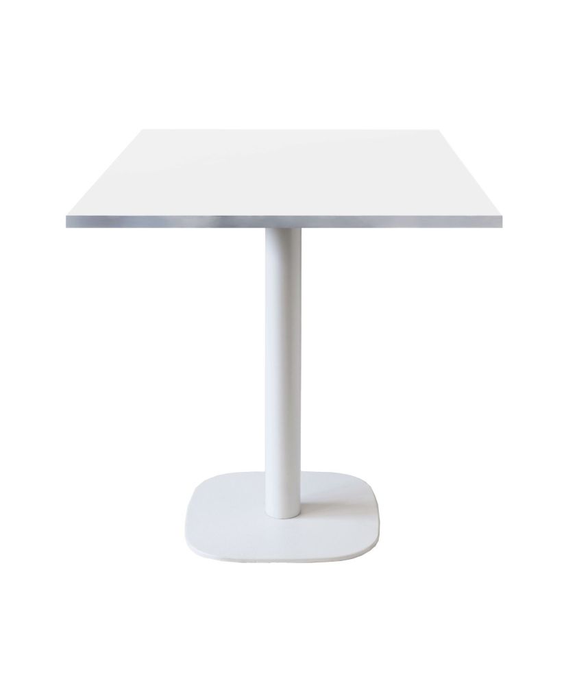 Tisch 70 x 70 cm – rundes Modell, weiße Basis, weiße Edelstahlkanten Tisch 70 x 70 cm – rundes Modell, weiße Basis, weiße Edelstahlkanten
