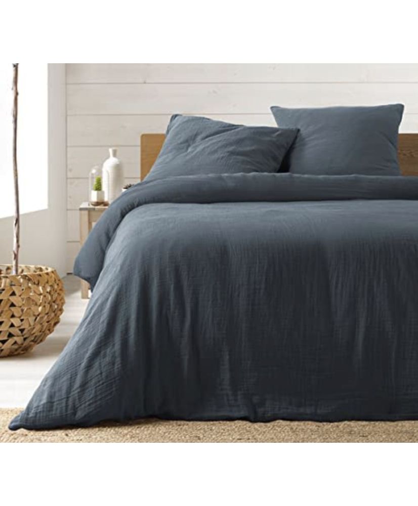 Completo letto in garza di cotone blu 240 x 220 cm Completo letto in garza di cotone blu 240 x 220 cm