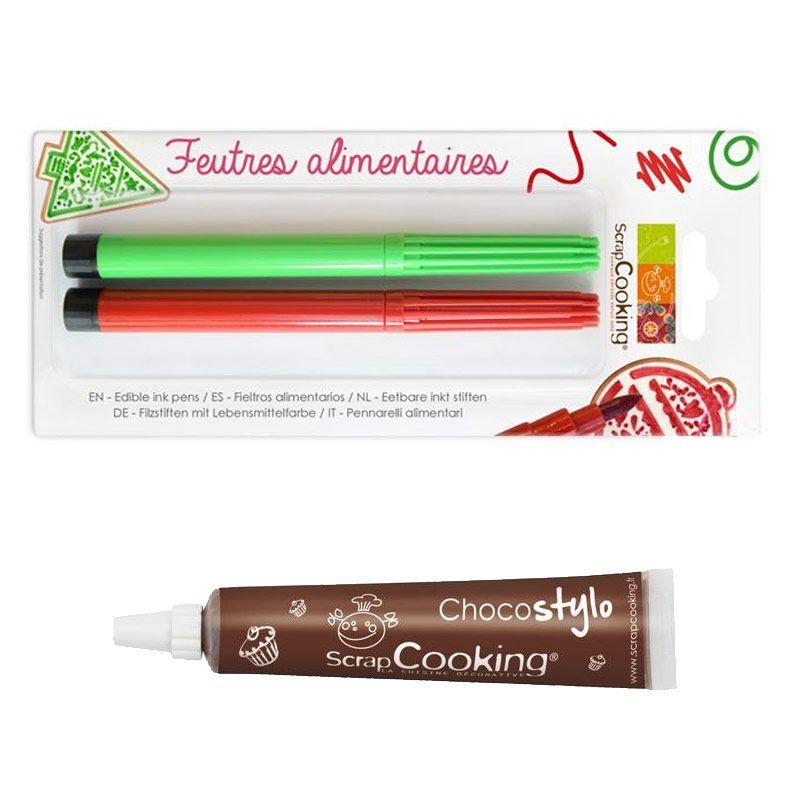 2 rotuladores comestibles rojo y verde + Tubo de chocolate para decorar
