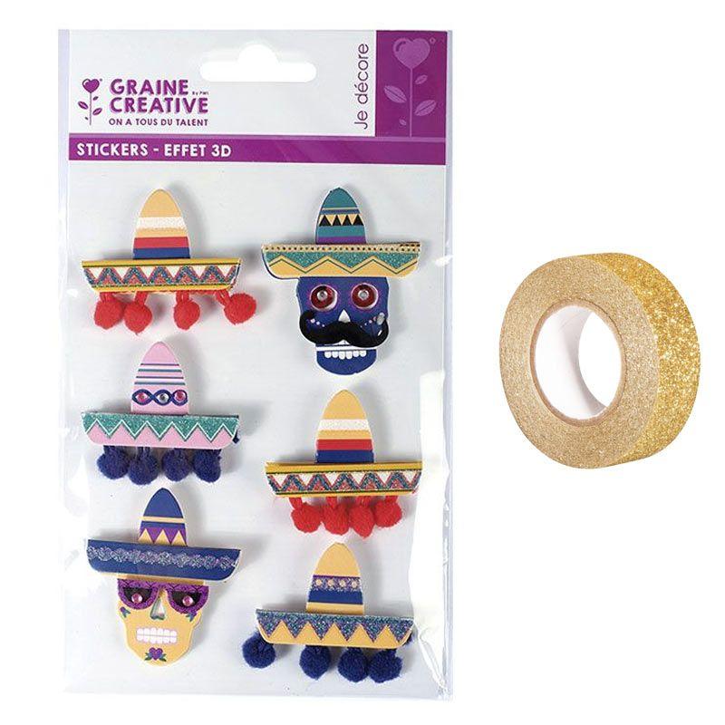 6 adesivi 3D Cappelli messicani Sombrero + washi tape dorato