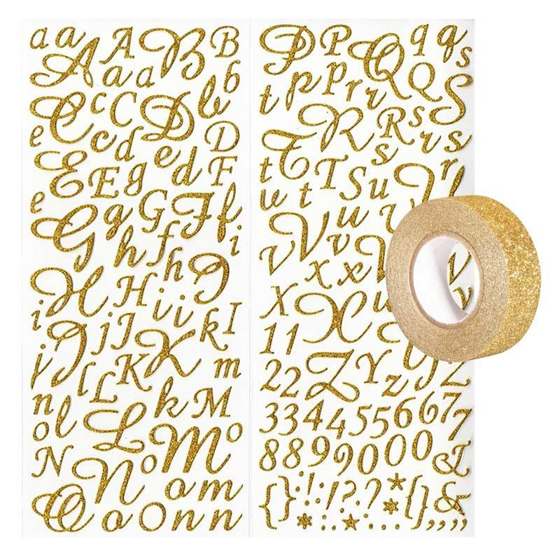 Stickers alphabet & chiffres dorés + glitter tape doré
