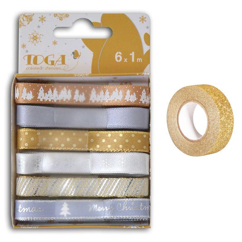 Set aus 6 Weihnachtsbänder Gold & Silber + Golden glitter band 5 m