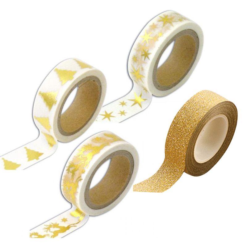 3 cintas adhesivas de Navidad blanco y oro + Masking tape dorado con brillo