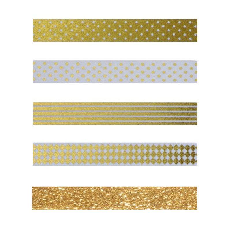 4 Masking Tapes mit Weißem & Goldenem Muster + Golden glitter band 5 m