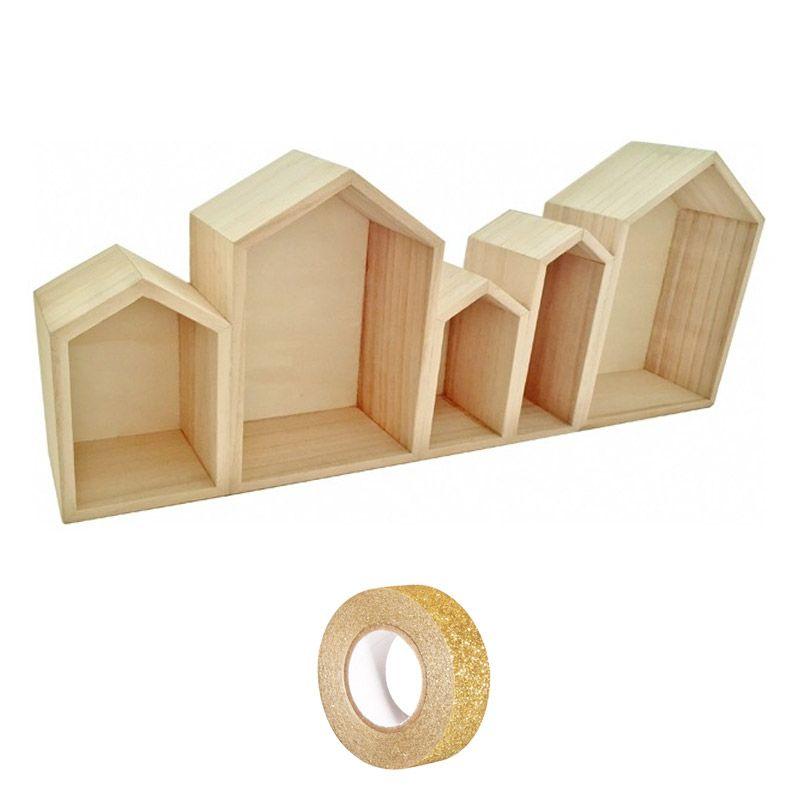 Ripiani in legno piccole case 50 x 8 x 20 cm + washi tape dorato 5 m