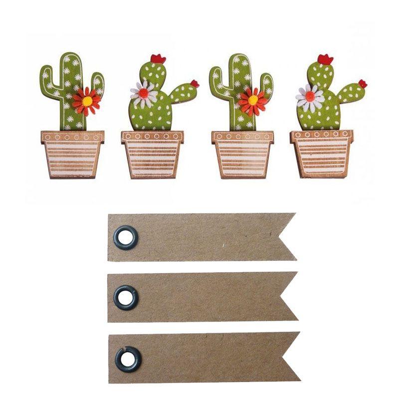 4 pegatinas de madera Cactus 6,5 cm + 20 etiquetas kraft Banderín