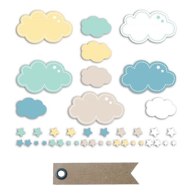 20 Die-Cuts aus Papier - Wolken & Sterne + 20 Wimpel Kraft Etiketten