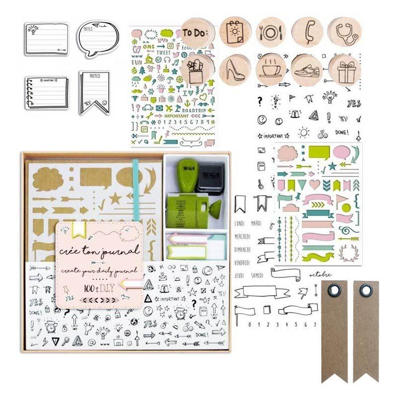 Box bullet journal + stamps + stencils + stickers + 20 pennant kraft labels