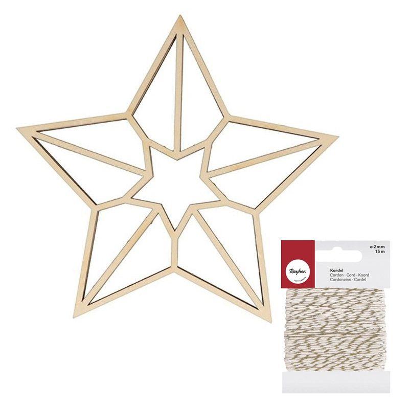 Sagoma in legno origami stella a 5 punte + spago dorato e bianco 15 m