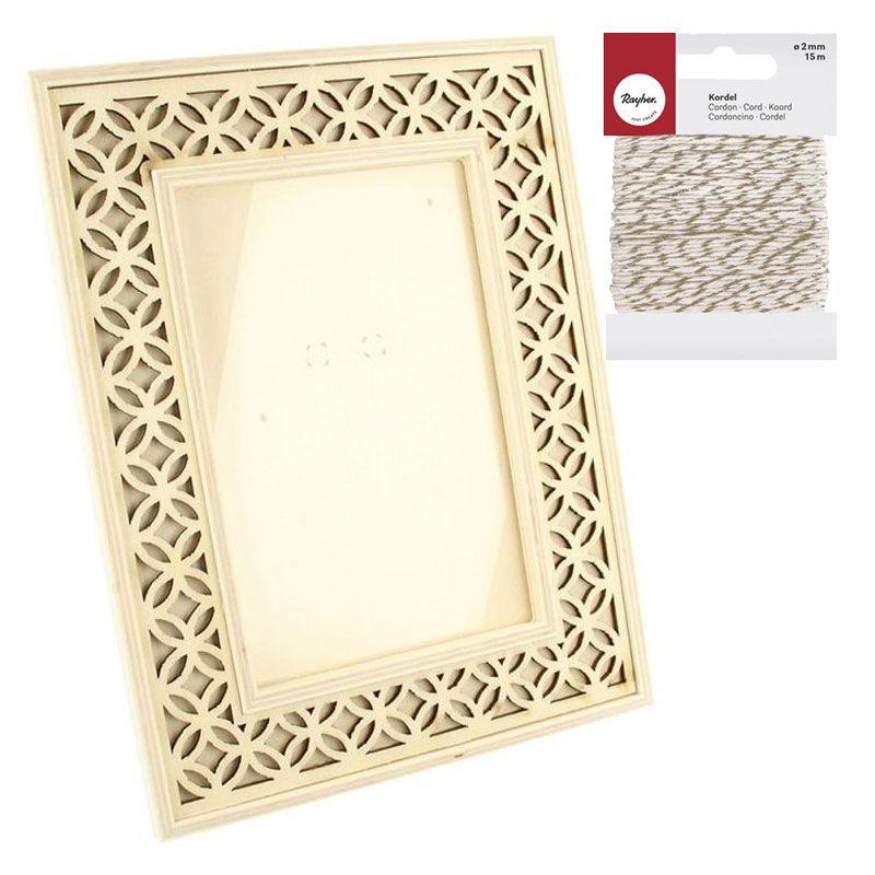 Wooden picture frame 16 x 21 cm openwork outline + golden & white twine 15 m
