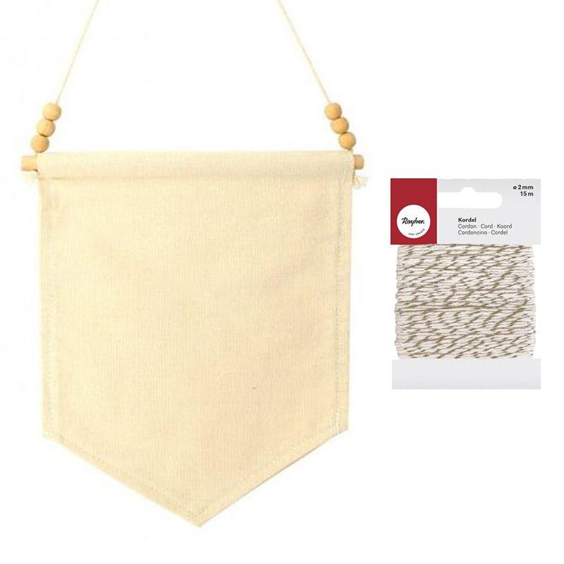 Bandierina tela per decorare con perle + spago oro e bianco