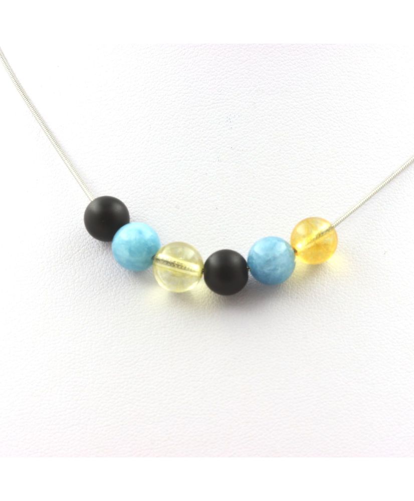 Collar de perlas citrino + calcedonia azul + cadena de acero inoxidable ónix negro mate de 8 mm Collar de perlas citrino + calcedonia azul + cadena de acero inoxidable ónix negro mate de 8 mm