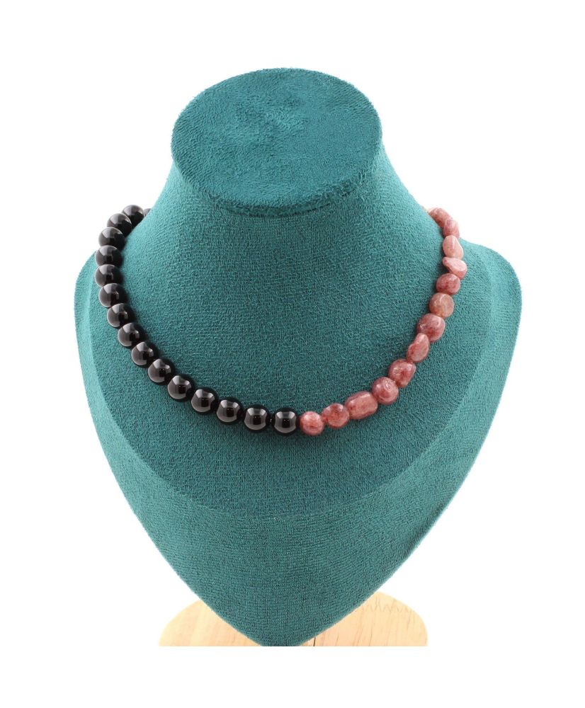 Collar de cuentas de rubí brasileño + ágata negra de 8 mm Cadena de acero inoxidable Collar de cuentas de rubí brasileño + ágata negra de 8 mm Cadena de acero inoxidable