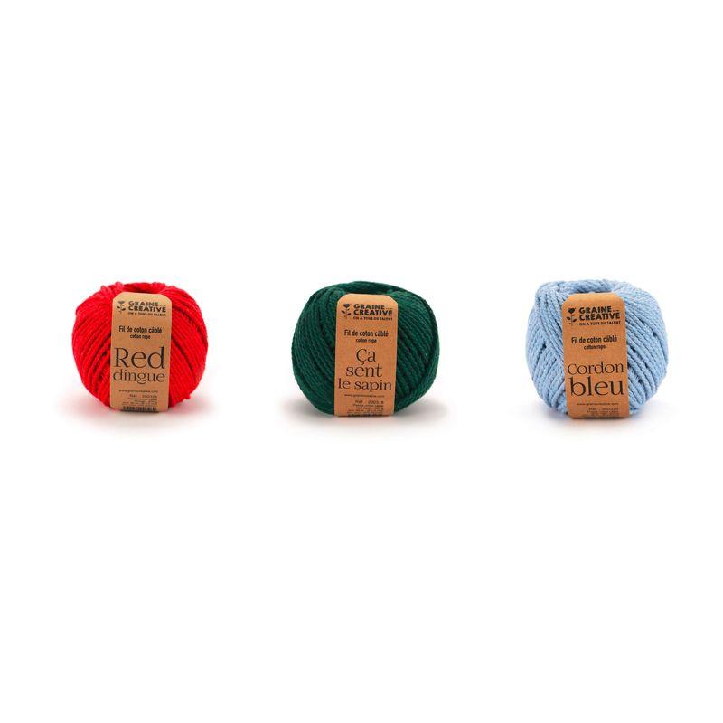 3 rocchetti di filo di cotone per macramè - verde-blu-rosso