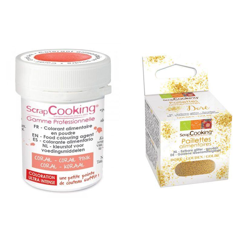 Colorant alimentaire poudre corail + paillettes dorées