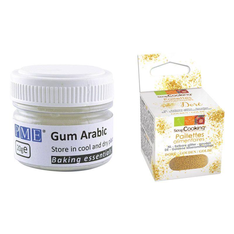 Gomma arabica in polvere 20 g + Glitter alimentare oro