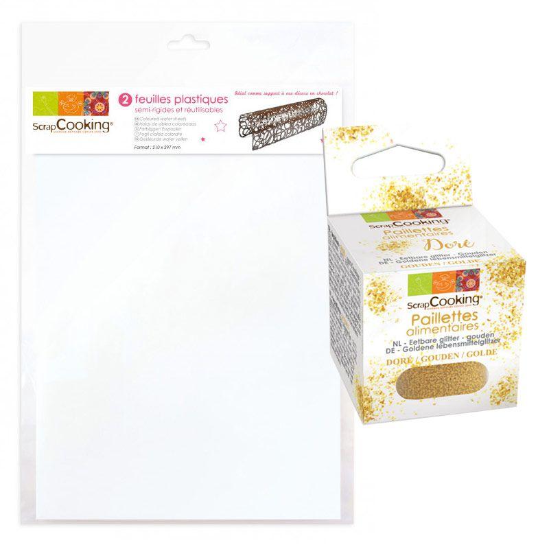 2 fogli di plastica pasticceria semi-rigidi A4 + Glitter alimentare oro