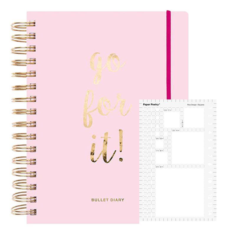 Keizer donker Vergoeding Special pink Agenda Bullet journal spiral 96 sheets - 16,5 x 21,5 cm +  Stencil with square newspaper bullets 15 x 9,5 cm